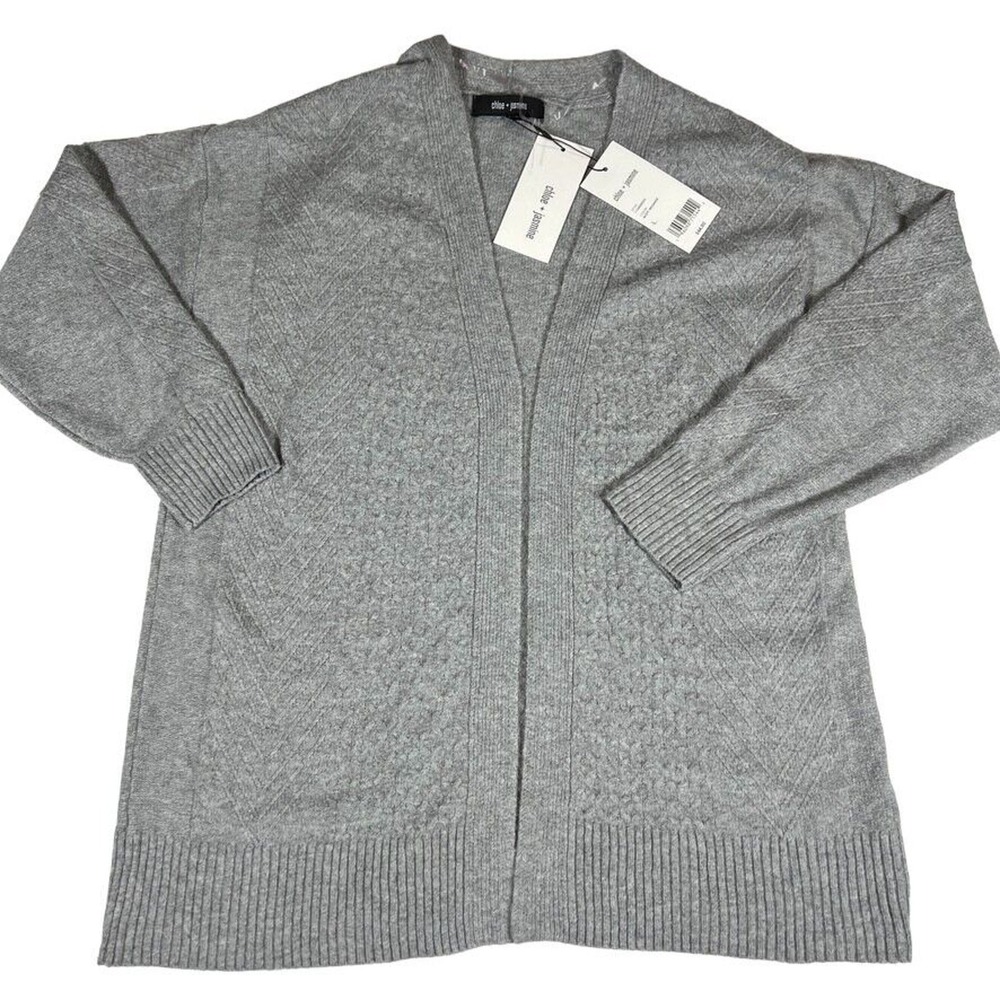 Chloe + Jasmine Open Front Cardigan Sweater Womens L Gray Knit‎ Duster NWT